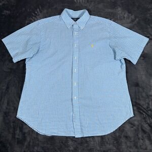 Ralph Lauren Shirt Men XL Blue Button Up Pocket Gingham Check Seersucker Camp
